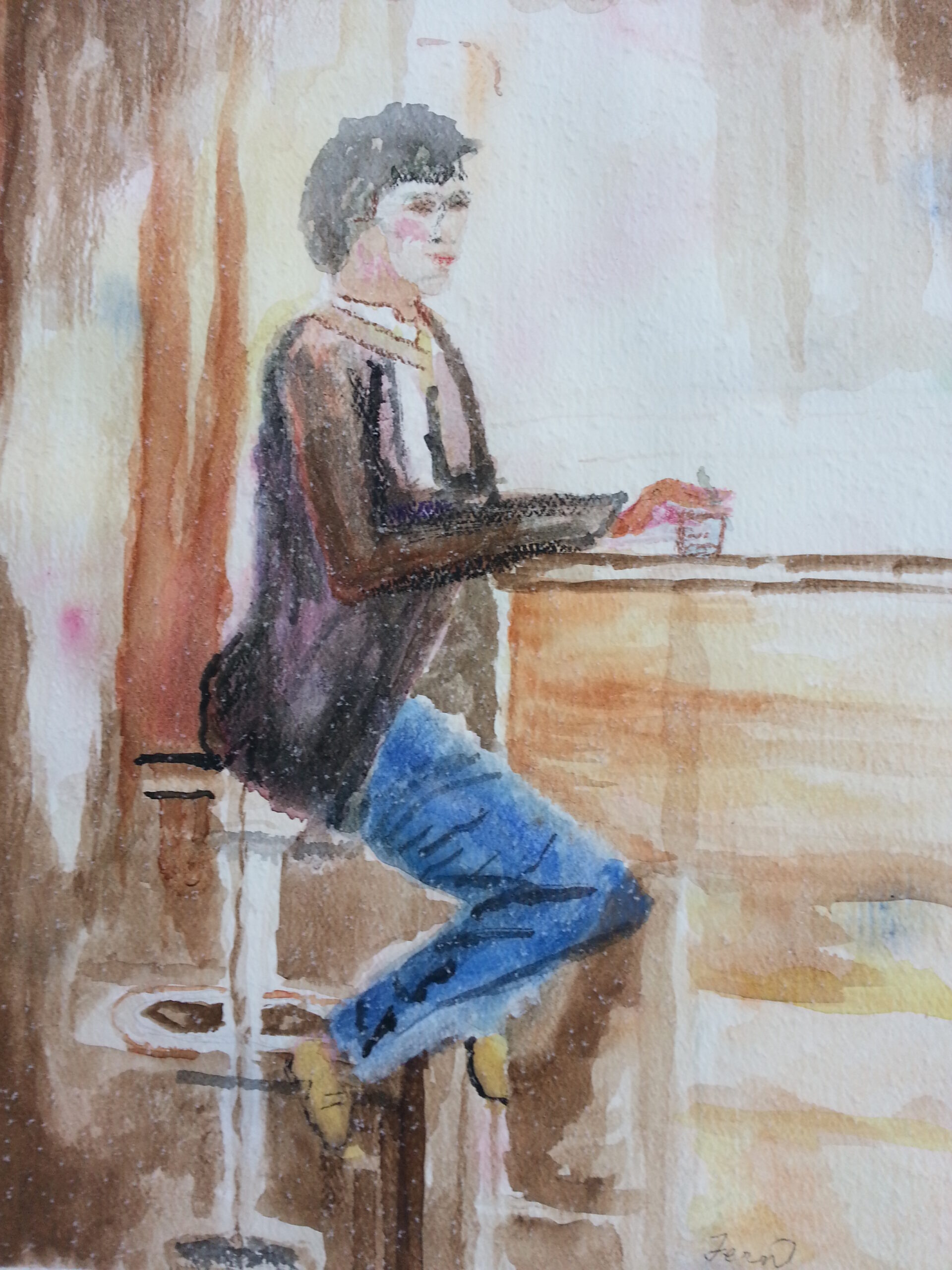 Watercolor of a man sitting at a bar.