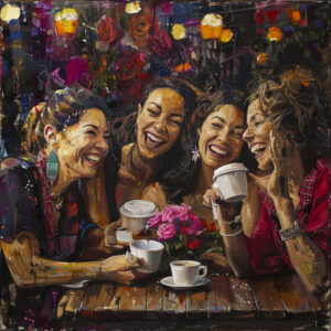 Three ladies sitting at a table drinking coffee and laughing.