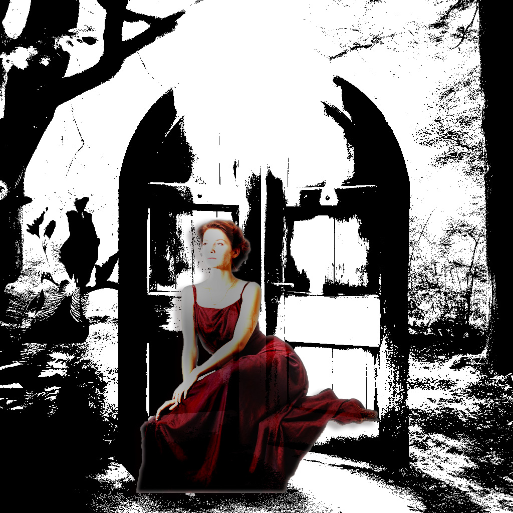 an illustrated door and an altered image of a lady in a red dress.