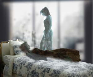 Honerable Mention image, August 2019 Shift Art Challenge, image of lady on a bed who appears to be suffering from a long term illness.